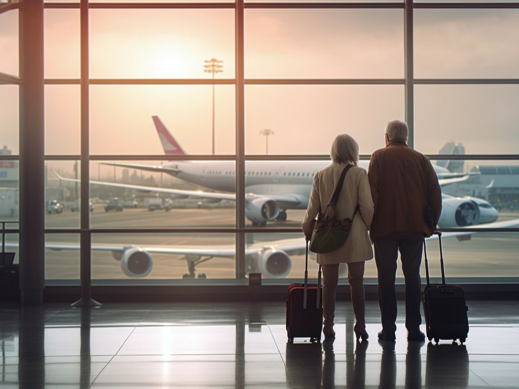 An elderly couple look at the runway and think about travelling